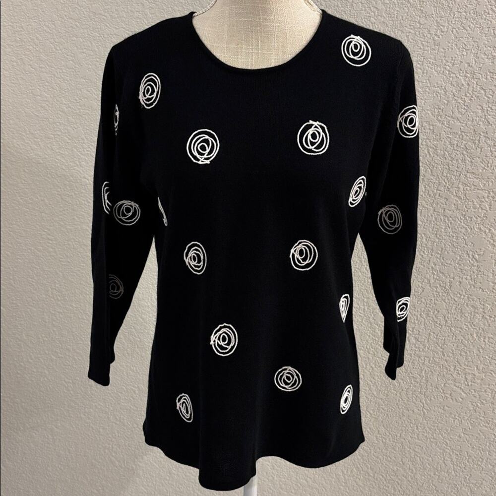 Cathy Daniels Black White Swirl Knit Top Shirt 3/4 Sleeve Sweater Office- M